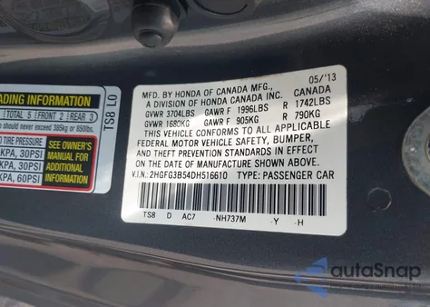2013 Honda Civic Lx from USA, damaged, VIN 2HGFG3B54DH516610